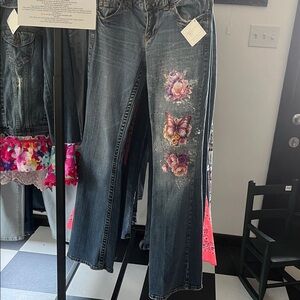 Aeropostale Blue Flare Jeans with Floral and Butterfly Design